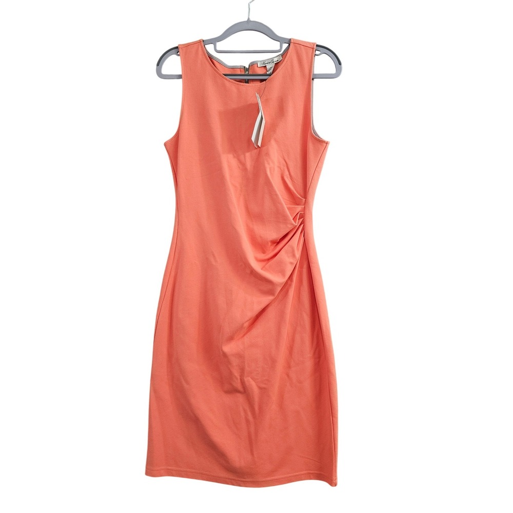 Kenneth Cole Sheath Dress Womens 4 Coral Solid Ruched Sleeveless Exposed Zipper